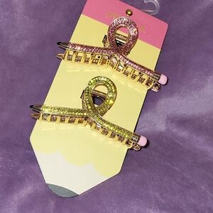 Piper K Pencil Pink and Yellow/green Rhinestone Hair Clips Brand New Li Rt Le M